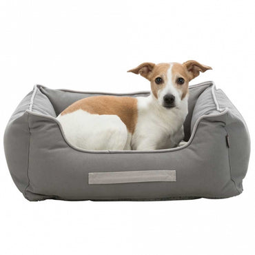 Graues, eckiges Hundebett, mit einem Jack Russel Terrier der im Korb liegt