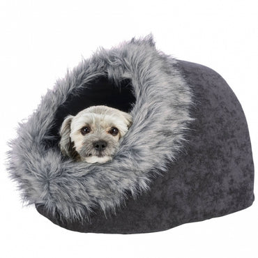 graue kuschelhöhle mit kleinem weißen hund