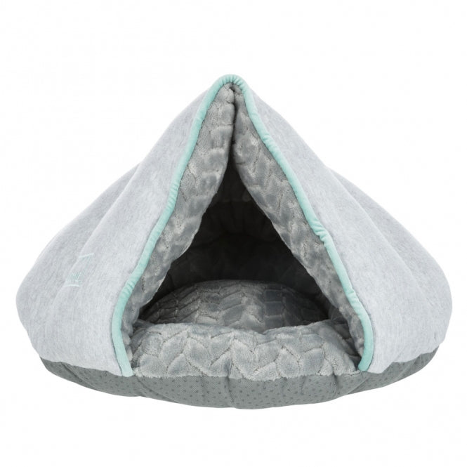 graue Kuschelhöhle mit mint rand für welpen und kleine hunde